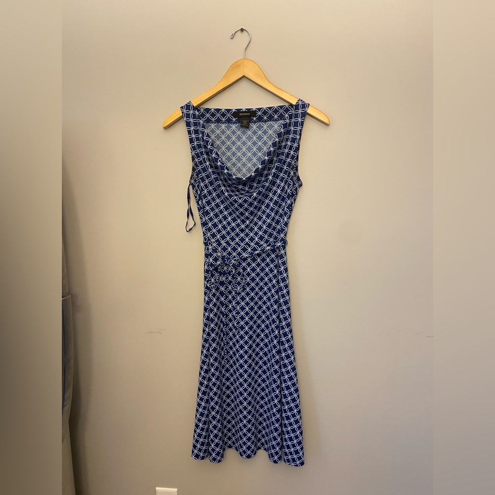 Express Light Blue/White Print Cowl Neck Sheath Dress Size 5/6